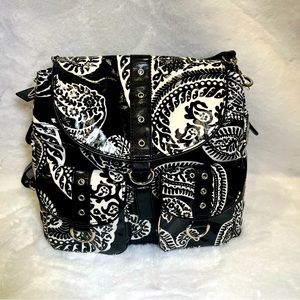 GIGI Hill Backpack Shoulder Bag. Black & White. Coated Canvas.